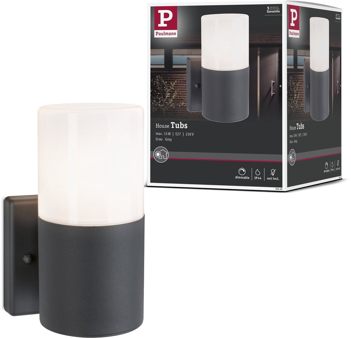 Paulmann plafoniere a parete per vasche da esterno ip44 tondo 105x175 mm max. 15w 230v metallo grigio opaco, plastica