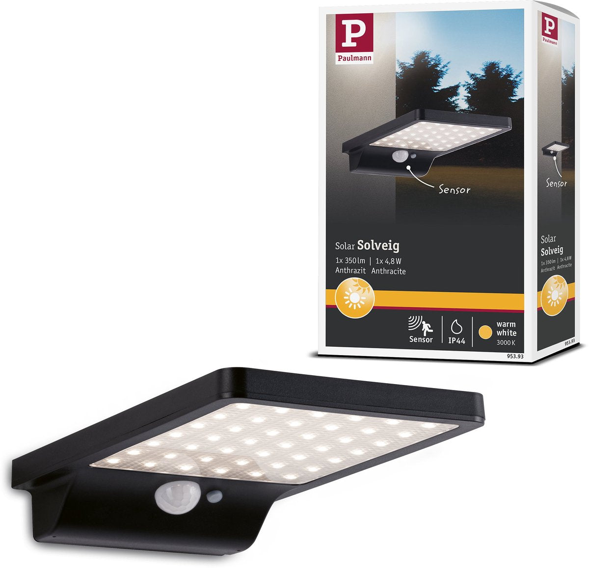 Aplique de pared LED solar Paulmann para exterior Solveig detector de movimiento incl. detector de movimiento IP44 3000K 338LM negro