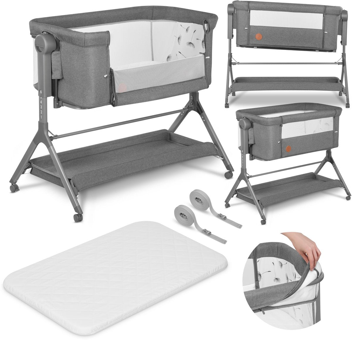 Lionelo Leonie Plus - co-sleeper 3 in 1 crib and baby bed - cot up to 9 kg - height adjustment in 6 levels - rocking function - T25 mattress - storage basket - wheels - removable covers