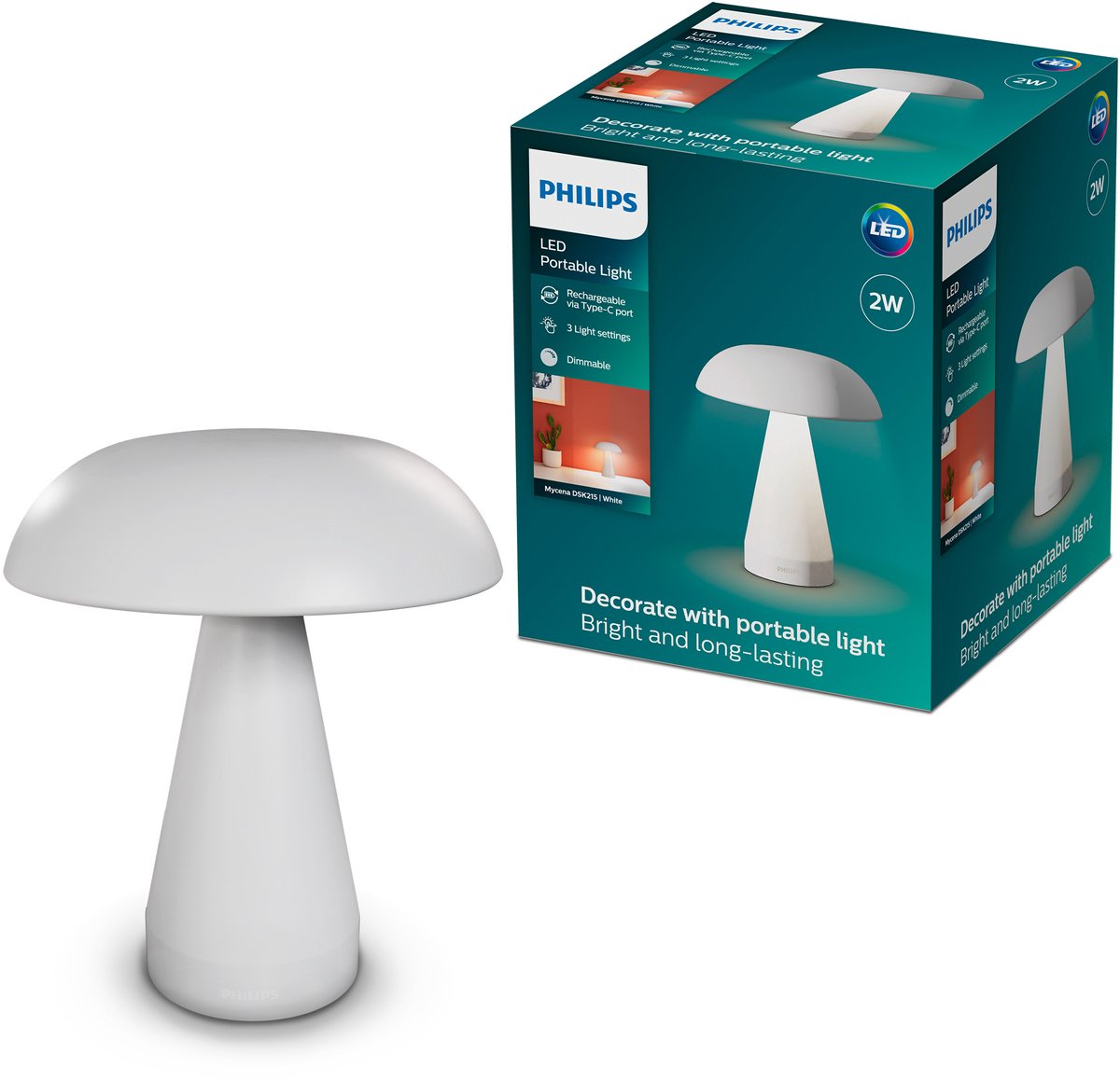 Philips mycena tafellamp - instelbare kleurtemperatuur - dimbaar - draagbaar - oplaadbaar via usb-c - wit - 2w