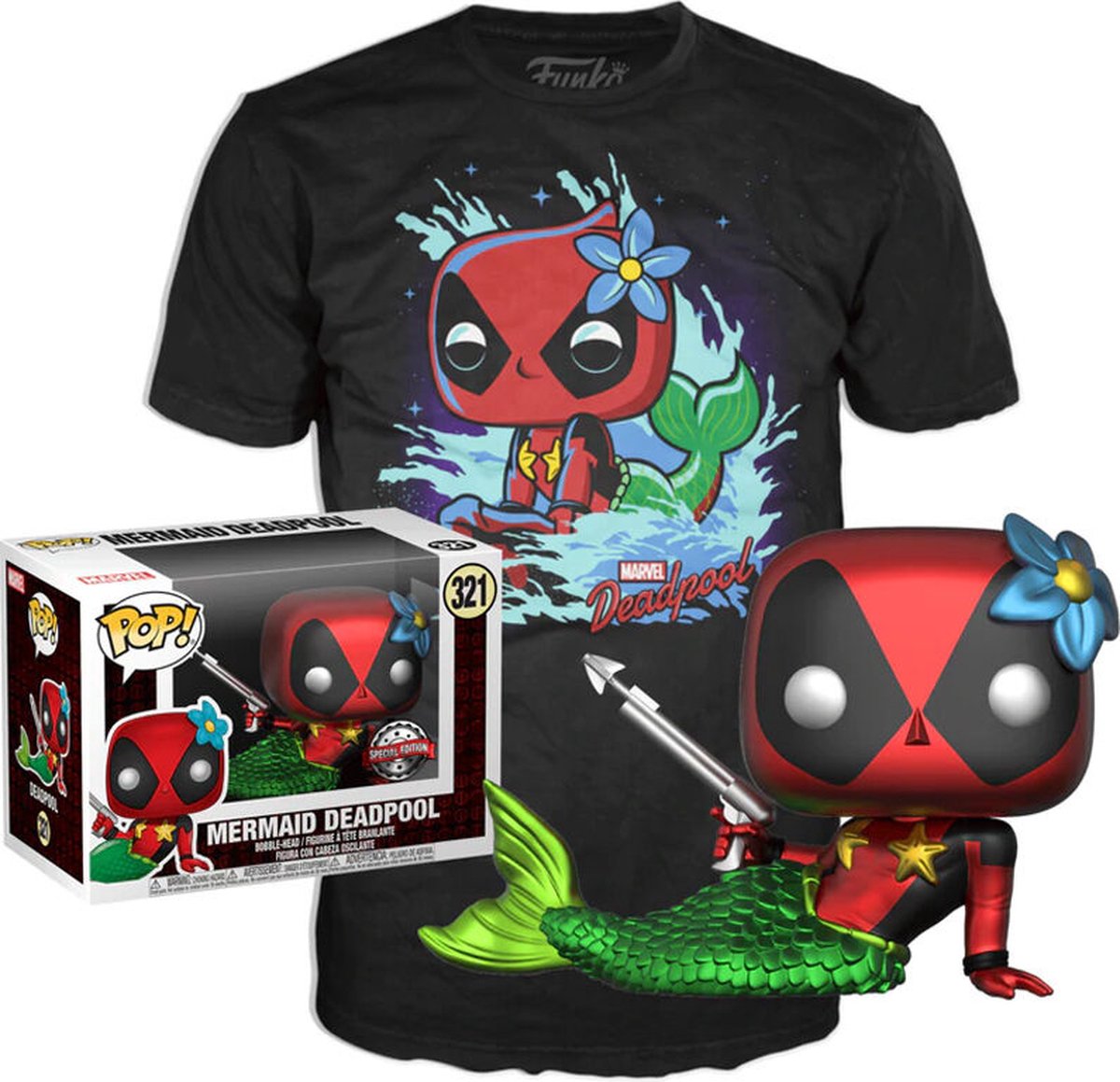 Funko pop! marvel deadpool: set figure and tee - deadpool mermaid exclusive maat m