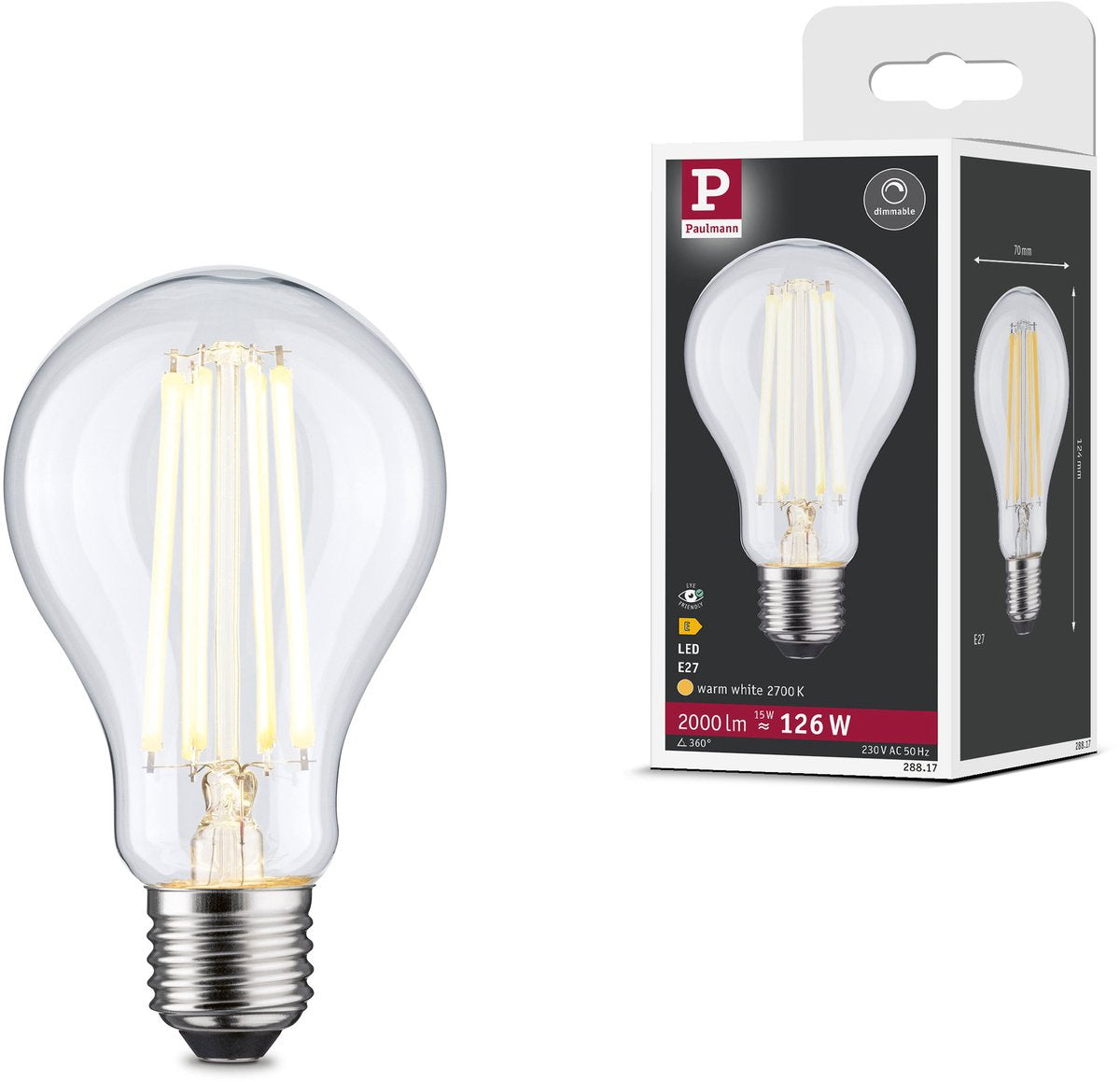 Bombilla led paulmann filamento 230 v e27 2000lm 15w 2700k regulable transparente