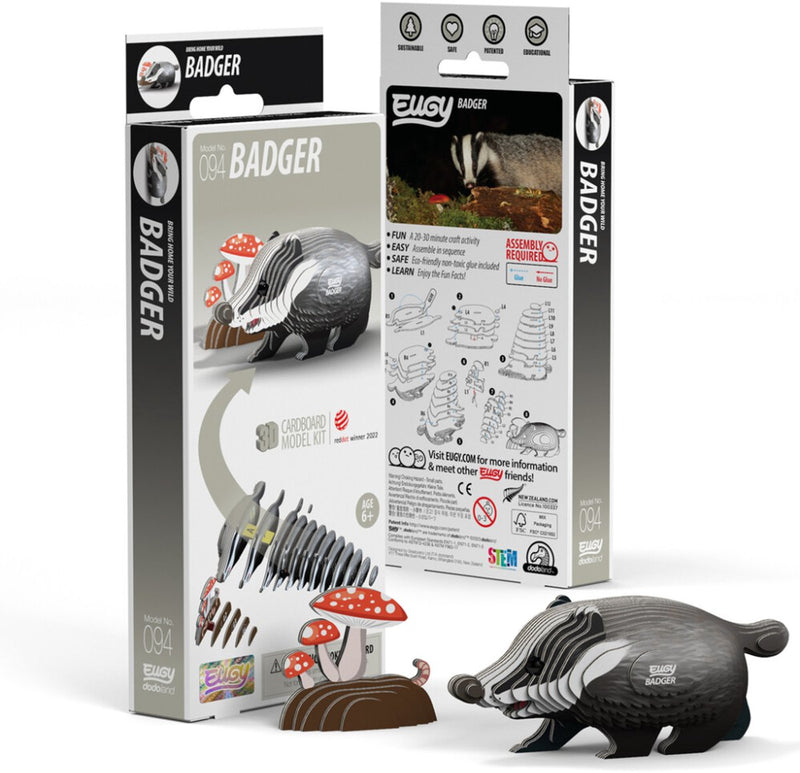 Puzzle 3d eugy - tejón - animales salvajes - sostenible - colecciónalos todos - 6 años