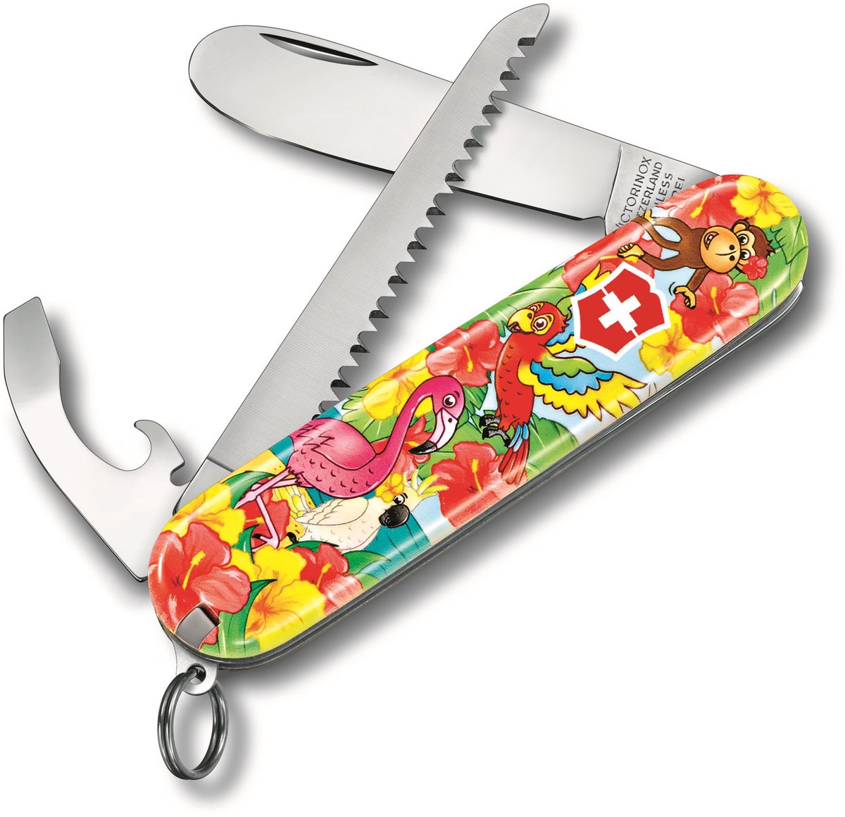 Victorinox il mio primo coltello tascabile junior - edizione pappagallo - 9 funzioni - con tracolla e libro da colorare