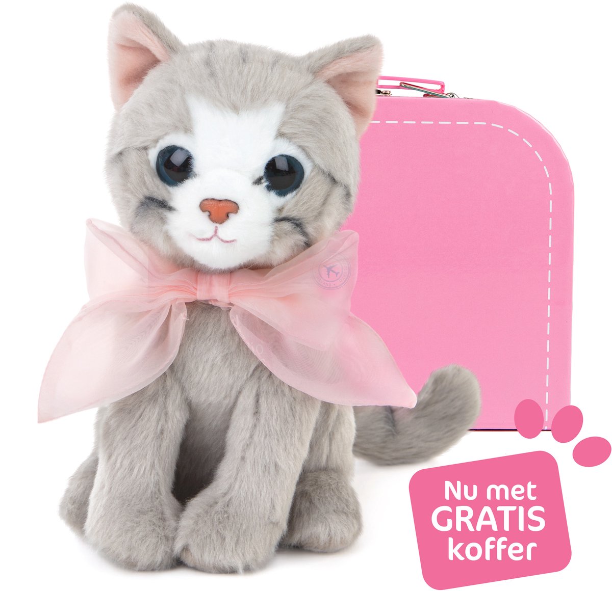 Studio pets knuffel kat bella 16 cm roze met paspoort en koffer.