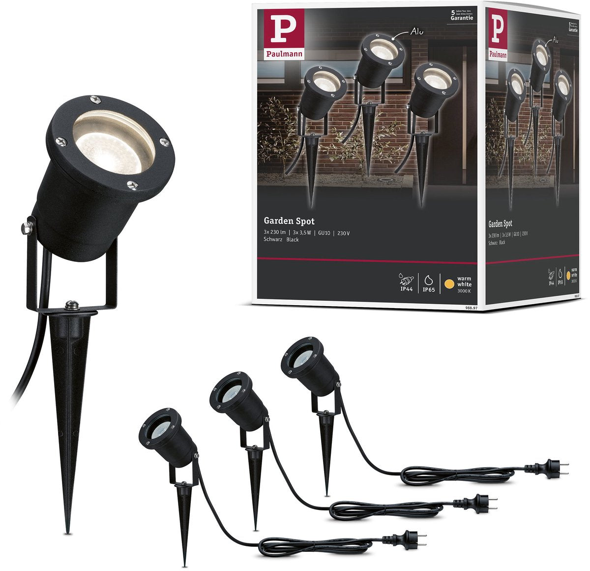 Paulmann Faretti da giardino LED ip65 tondi 92 mm 3000k 3x3,5w 3x230lm 230v 38° alluminio nero
