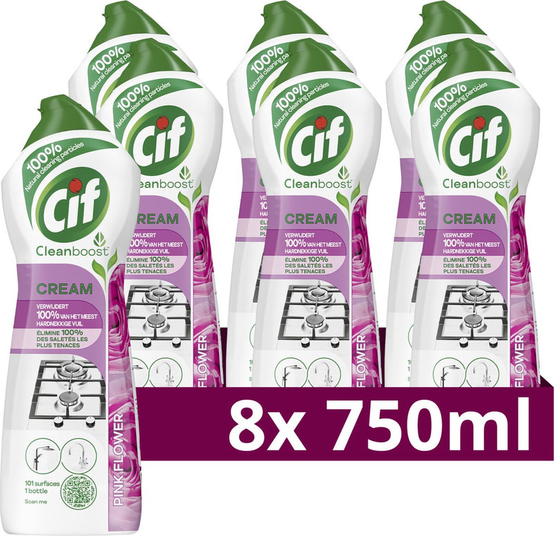 Cif - abrasivo cleanboost - flor rosa crema - con ingredientes 100% naturales, 1 producto para 101 superficies - 8 botellas x 750 ml