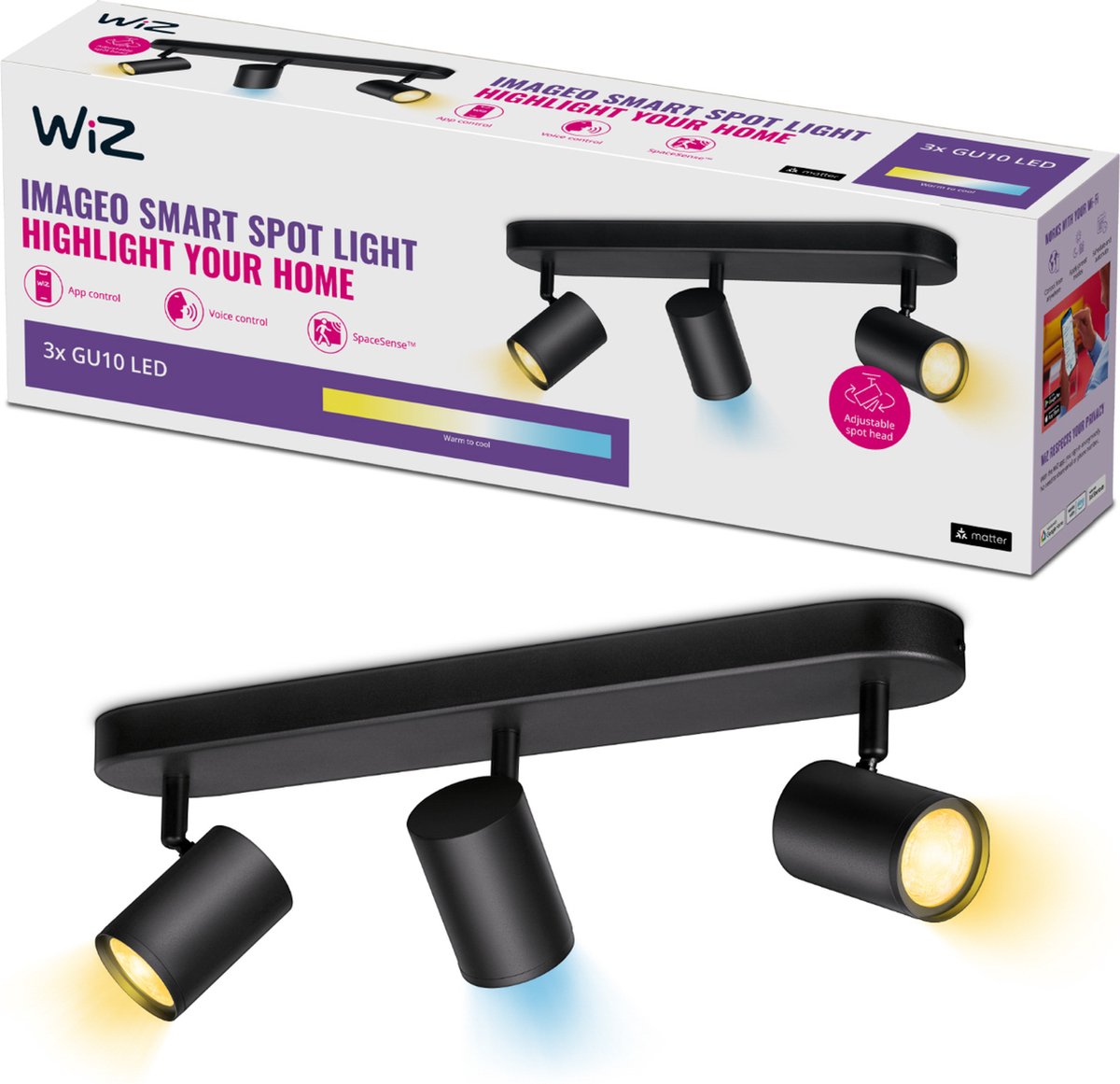 Lámpara de techo Wiz imageo - foco de superficie - 3 focos - luz blanca cálida a fría - iluminación LED inteligente - casquillo gu10 - 3x 5w - negro - wi-fi