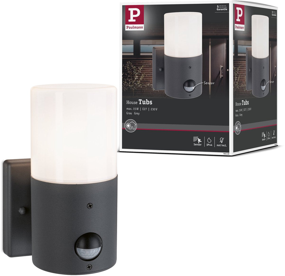 Apliques de pared Paulmann para bañeras de exterior detector de movimiento (IR) controlado por luz crepuscular IP44 redondo 105x175 mm máx. 15W 230V gris mate metal, plástico
