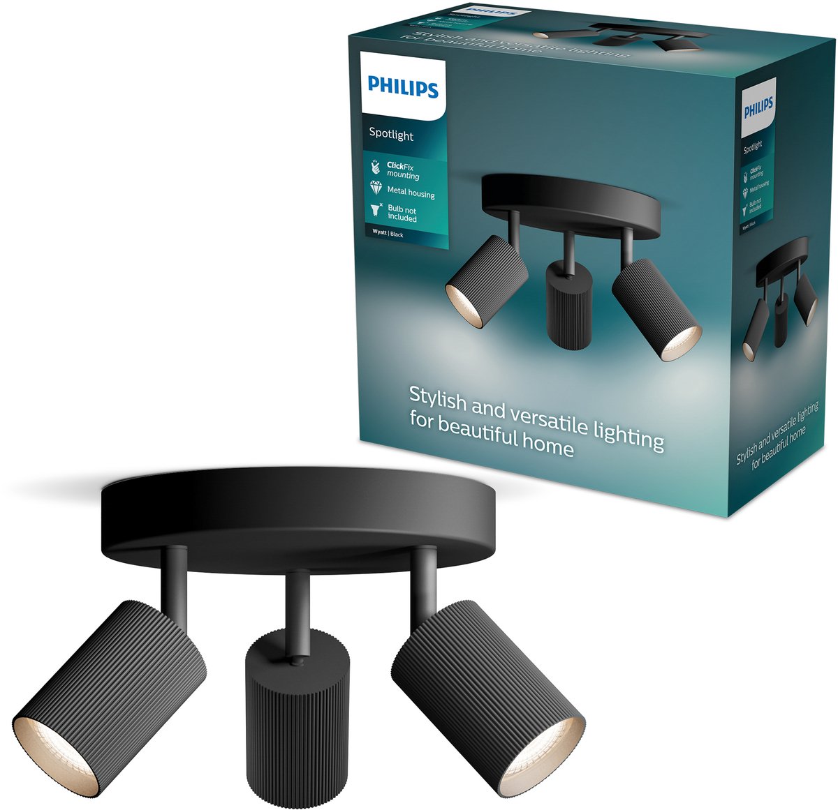Philips wyatt opbouwspot - led gu10 fitting - richtbaar - 3 lichtpunten - ronde basisplaat - clickfix - zwart