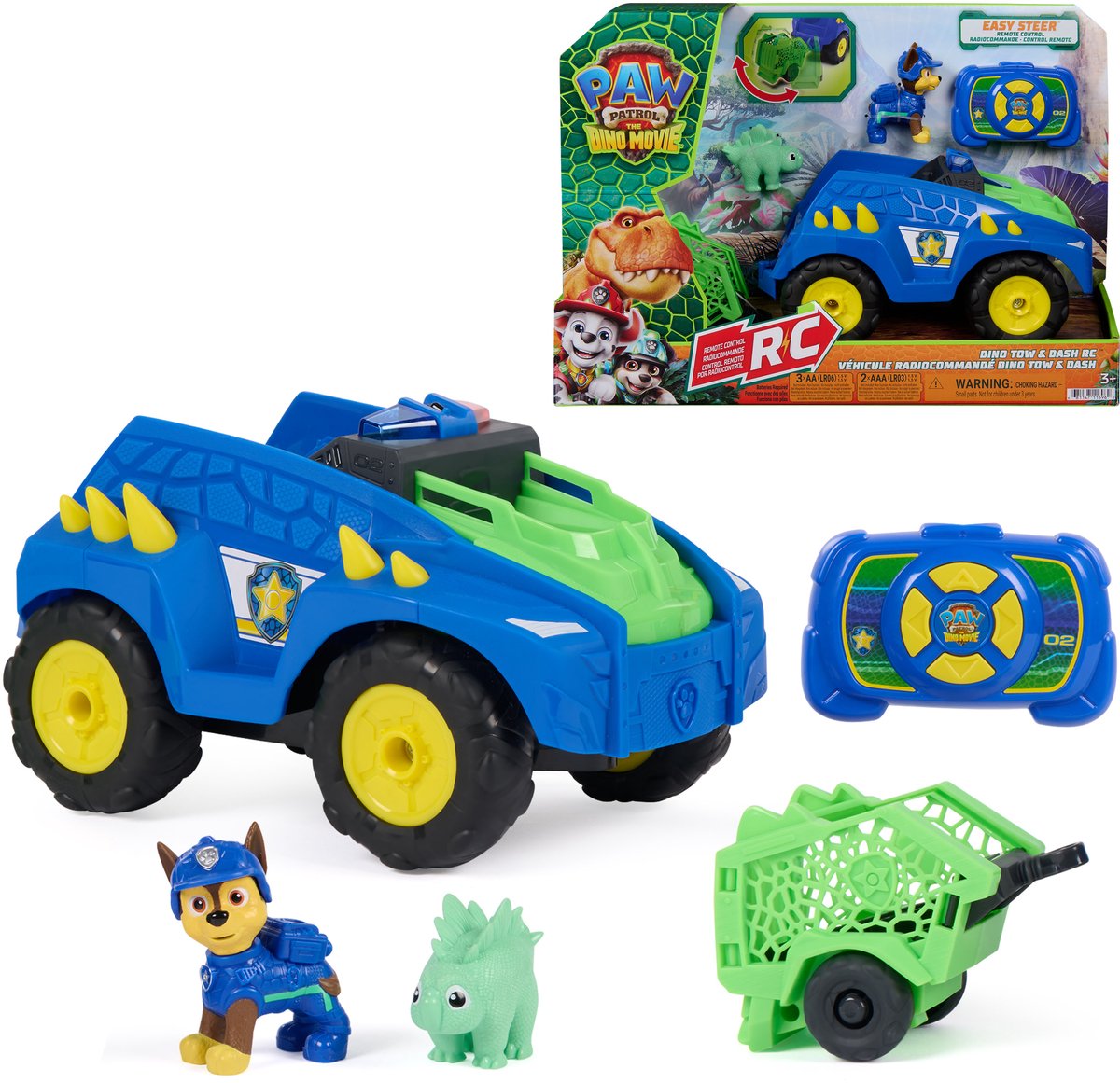 Paw Patrol: Il film Dino, Dino Tow Dash RC, veicolo telecomandato con action figure di Chase e Stegosaurus