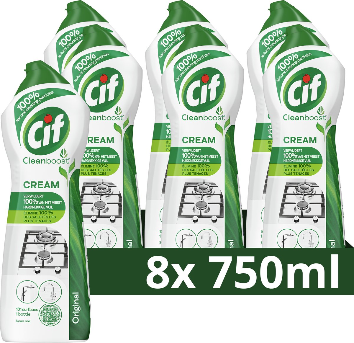 Cif - abrasivo cleanboost - ingredientes 100% naturales - 101 superficies - 8 x 750 ml