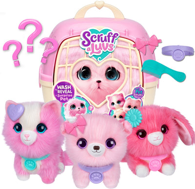 Scruff a luvs - roze mystery knuffel in draagmand - puppy, kitten of konijntje