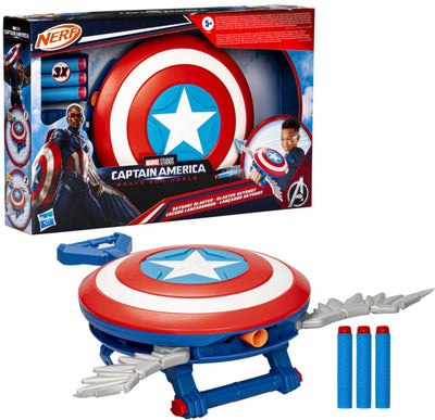 Hasbro marvel studios capitán américa valiente nuevo mundo nerf skyshot blaster, escudo de juguete de juego de rol