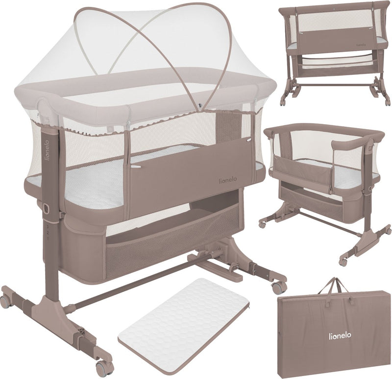 Culla Lionelo Jodie 3in1 - lettino laterale, letto autoportante culla a dondolo - co-letto - 6 posizioni di altezza - materasso T25 - sponda ribaltabile - incluso cestino in zanzariera