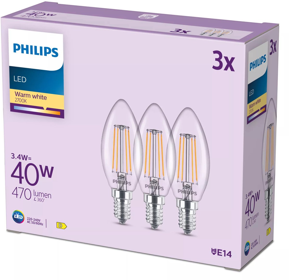 Philips lampara vela incandescente transparente 40w b35 e14 x3