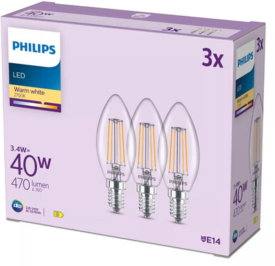 Philips filament candle lamp clear 40w b35 e14 x3
