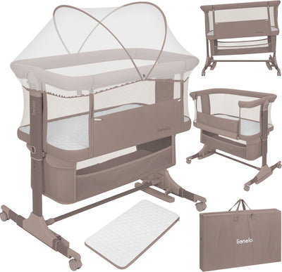 Lionelo Jodie 3in1 crib - side bed, freestanding bed rocking crib - co-sleeper - 6 height positions - T25 mattress - fold-down side - including mosquito net basket
