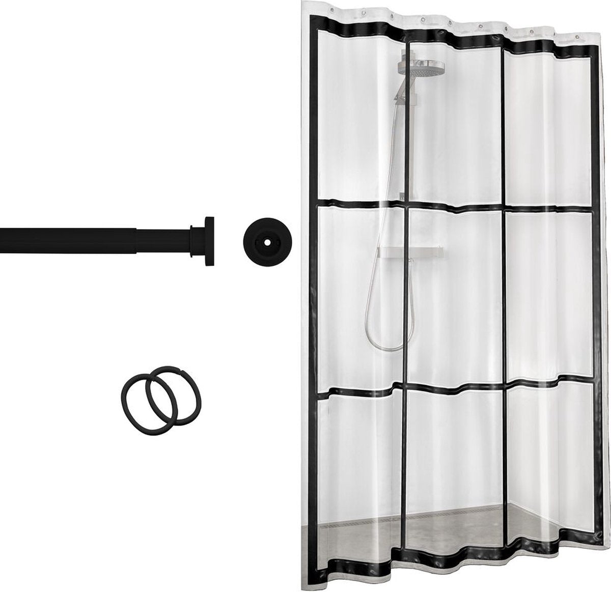 Sealskin seallux - bastone per tenda doccia 80-130 cm con tenda doccia 180x200 cm inclusi 12 anelli - nero trasparente