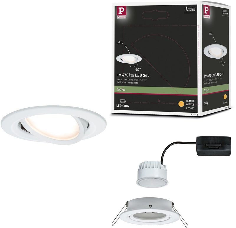 Paulmann LED empotrable Nova Coin lámpara individual orientable redonda 84 mm 50° moneda 6W 470lm 230V 2700K blanco mate