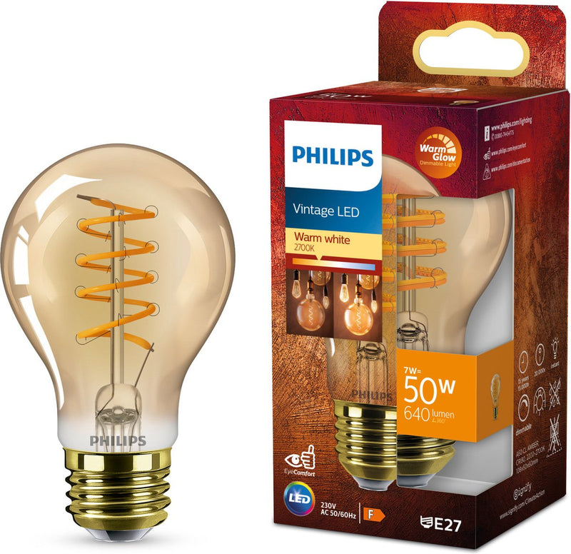 Philips led philips deco led - warmglow - 50w - accesorio e27 - forma de lámpara estándar a60 - lámpara ámbar