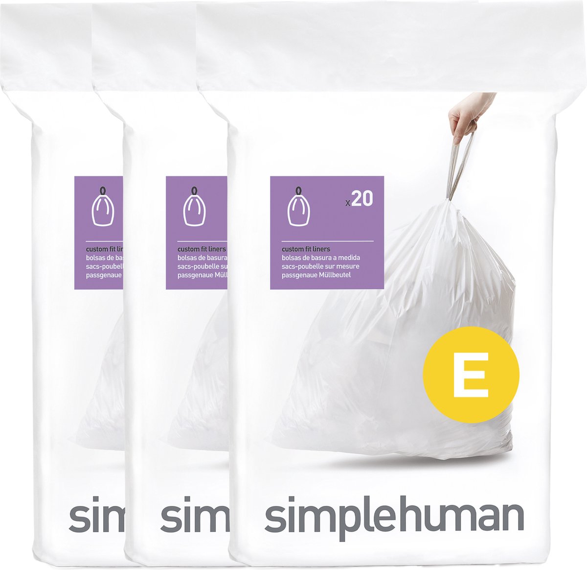 Sacchetti per rifiuti Simplehuman code e - 20 litri - 60 pezzi - con coulisse - bianco