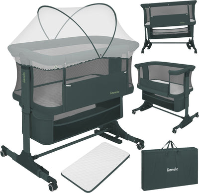 Lionelo Jodie 3in1 crib - side bed, freestanding bed rocking crib - co-sleeper - 6 height positions - T25 mattress - fold-down side - including mosquito net basket