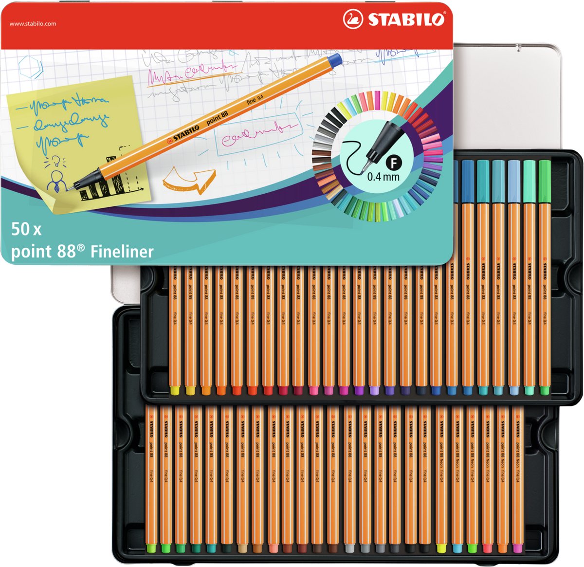 Stabilo Point 88 Fineliners de caja de metal, 50º.