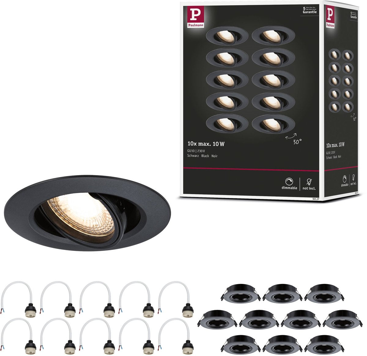 Lampada da incasso Paulmann set da 10 orientabile tondo 90 mm 30° gu10 max. 10x10w 230v dimmerabile nero