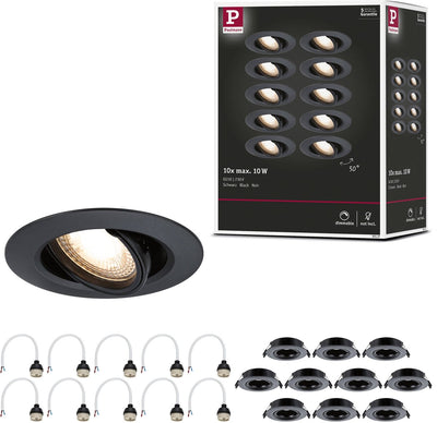 Paulmann inbouwlamp set van 10 zwenkbaar rond 90 mm 30° gu10 max. 10x10w 230v dimbaar zwart