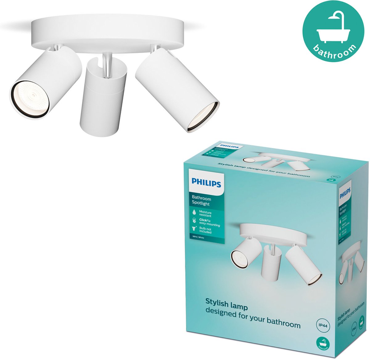 Spot Philips LED Philips Idris - faretto da soffitto - antispruzzo IP44 - nero - bianco - lampada da bagno - tre punti luce - piastra di base rotonda - adatto solo per spot LED