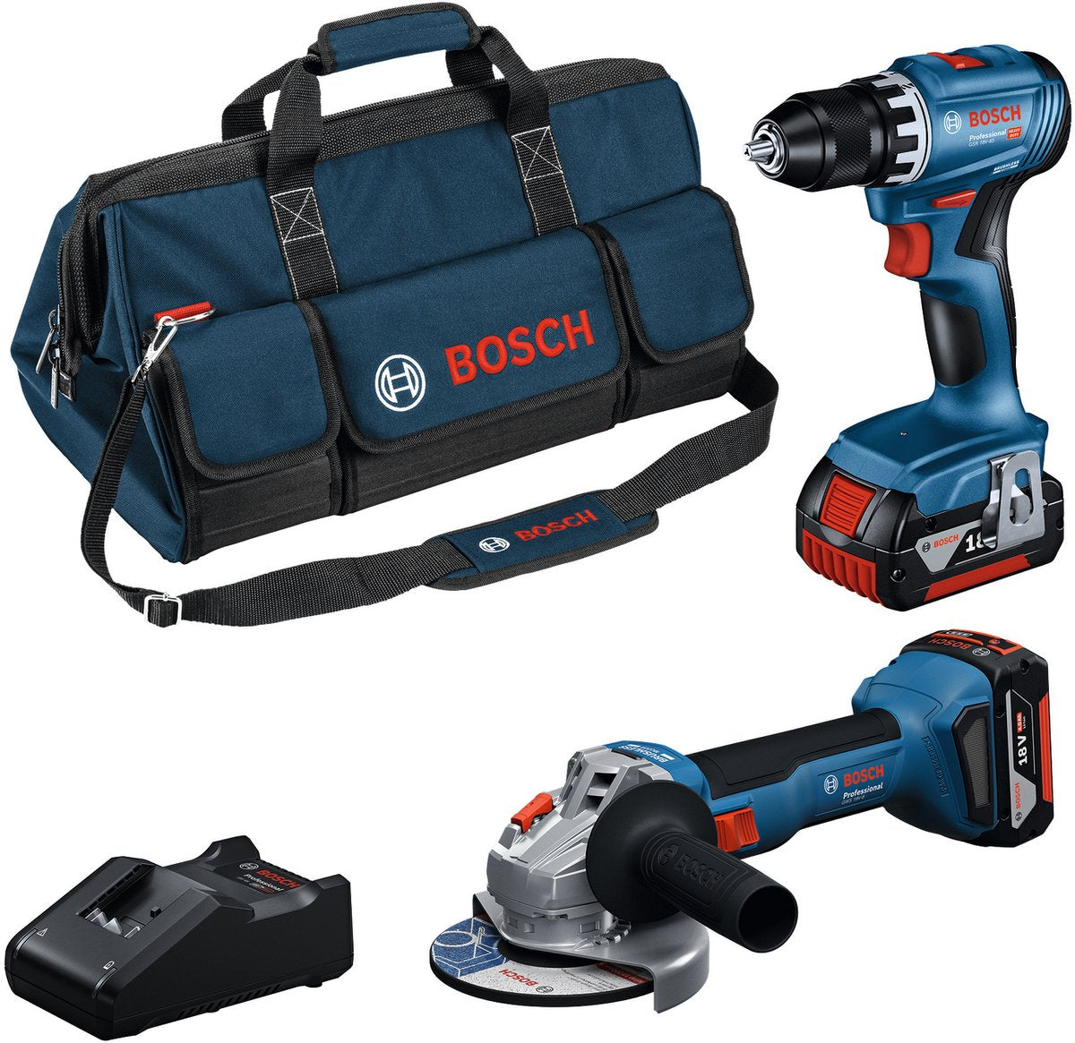Bosch professional 18v toolkit - combiset - gws 18v-8 + gsr 18v-45 + 2x gba 18v 4.0 ah + gal 18v-40 lader