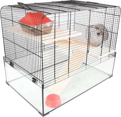 Jaula para hámster Flamingo – vitru 2 – Jaula para hámster con fondo de cristal – Jaula completa con rueda de ejercicios, plataformas y accesorios – Negro – 59x38x47 cm – Calidad europea