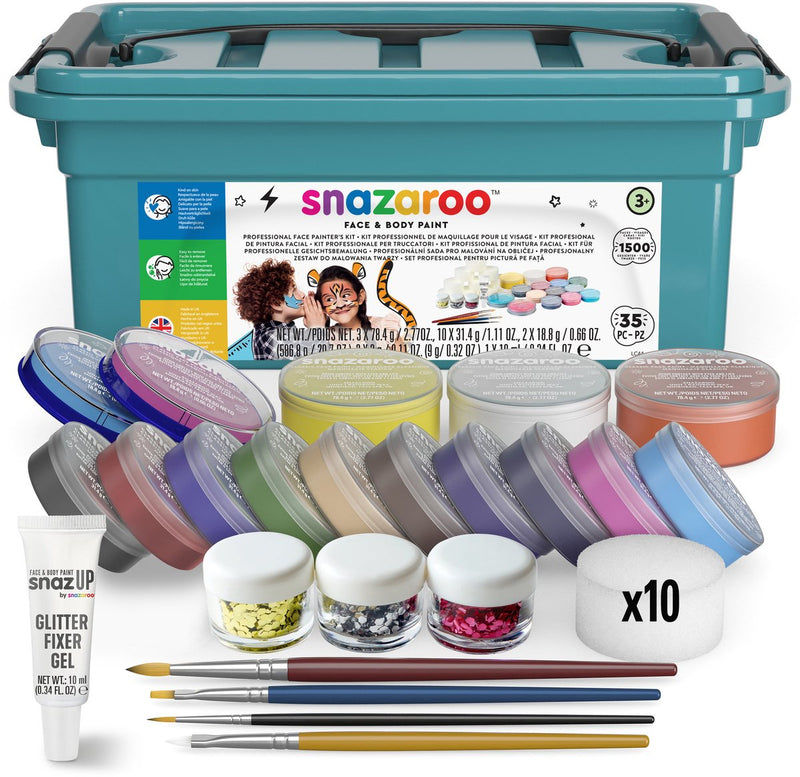 Snazaroo 1172249 kit de pintura facial profesional - set completo de pintura facial para eventos, festivales, escuelas - respetuoso con la piel, a base de agua, purpurina incluida - más de 1.500 caras, diversión sin fin