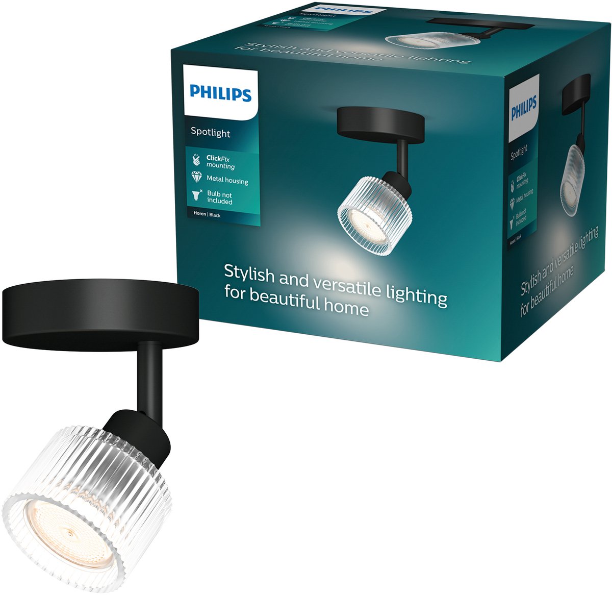 Philips horen opbouwspot - led gu10 fitting - richtbaar - 1 lichtpunt - clickfix - zwart met geribbeld glas
