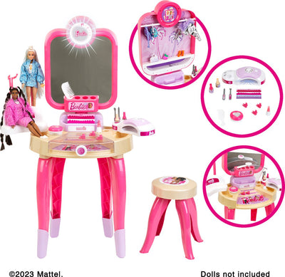 Klein Toys Barbie Beauty Studio Happy Vibes - incl. utensilios y secador de uñas con efectos de aire y luz - beige rosa