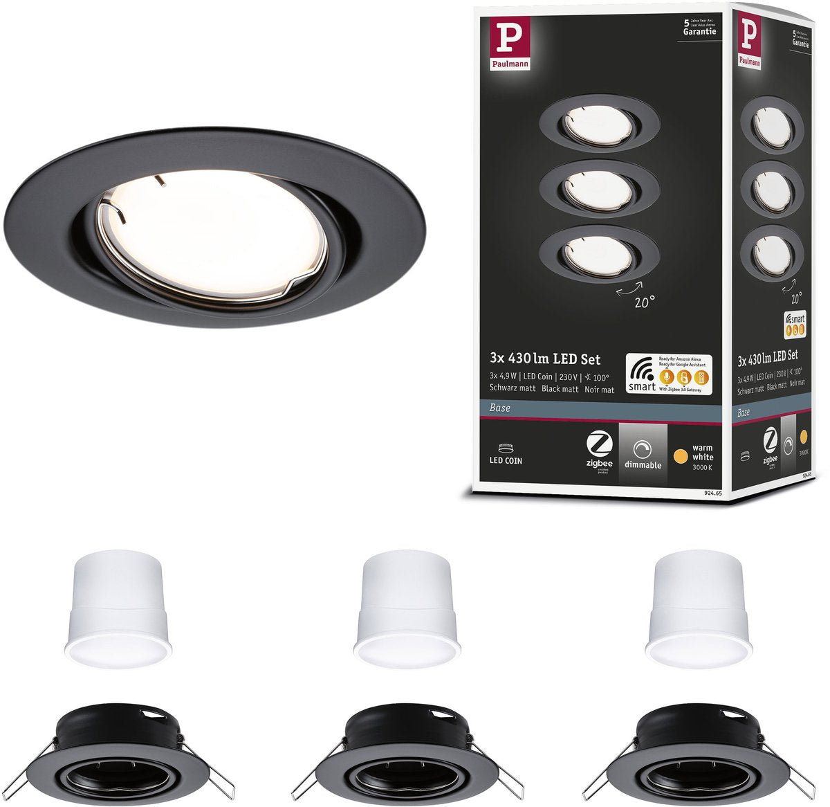Paulmann LED empotrable hogar inteligente Zigbee 3.0 base moneda base set orientable redondo 90 mm 20° moneda 3x4,9w 3x430lm 230v regulable 3000k negro mate