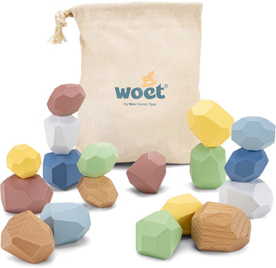 Bloques de equilibrio de madera Woet ® - Juego de piedras apilables de 18 piezas - Juguetes apilables Montessori con práctica bolsa de almacenamiento - FSC - a partir de 18 meses
