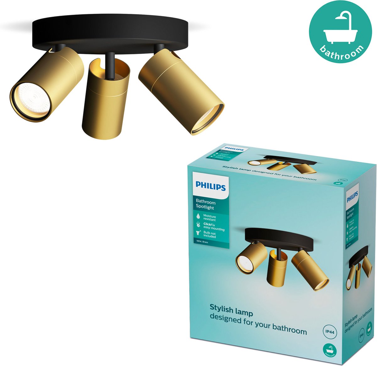 Philips LED Philips Idris spot - ceiling spot - splash-proof IP44 - black with gold - bathroom lamp - three light points - round base plate - only suitable for LED spots