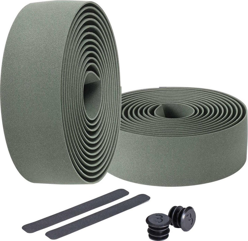 Bbb cycling stuurlint racefiets - zelfklevend stuurtape met stretch materiaal - antislip - lengte: 200cm - dikte: 2mm - inclusief stuurdoppen - olijf groen - raceribbon bht-01