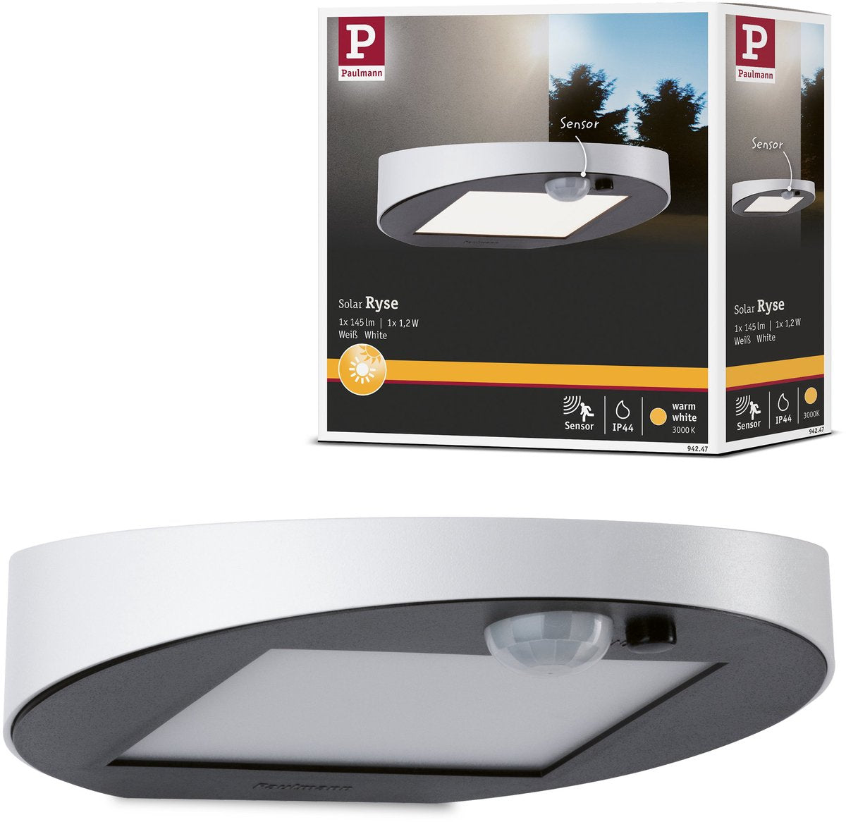 Paulmann solar led-wandarmatuur voor buiten ryse bewegingsmelder ip44 3000k 30lm wit