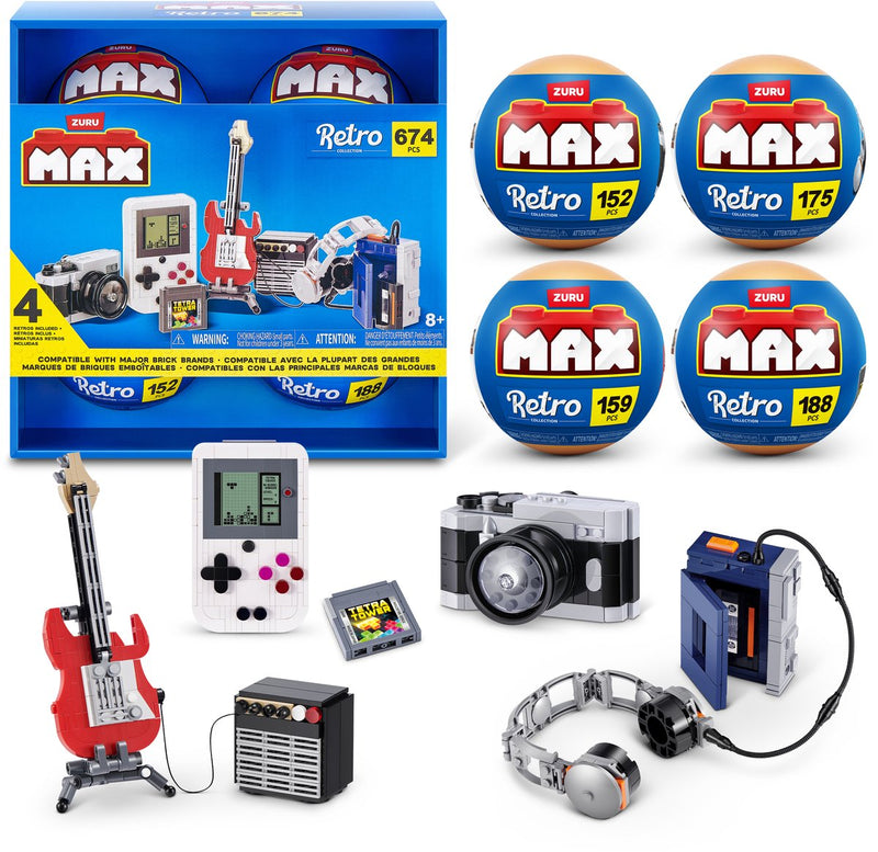 Max zuru retro: fotocamera, chitarra, console di gioco e lettore di cassette, confezione da 4