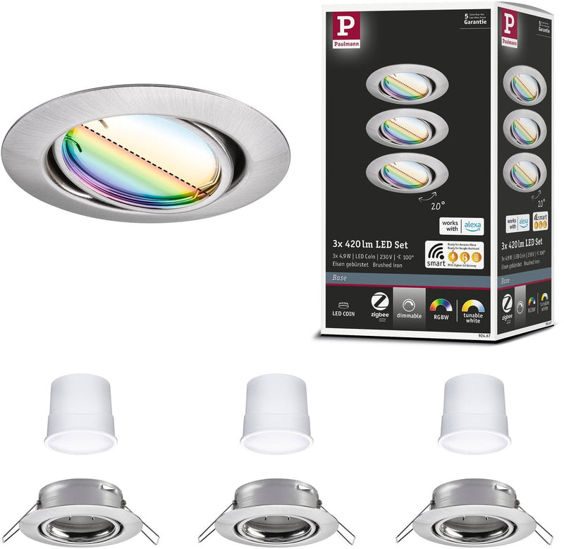 Paulmann Lampada da incasso a LED smart home Zigbee 3.0 base a moneta set girevole rotonda 90 mm 20° moneta 3x4.9W 3x420lm 230V dimmerabile RGBW+ acciaio spazzolato