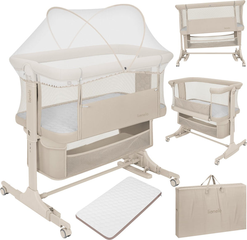 Cuna Lionelo Jodie 3 en 1 - cama lateral, cama independiente, cuna mecedora - cama doble - 6 posiciones de altura - colchón T25 - lateral abatible - incluye mosquitera