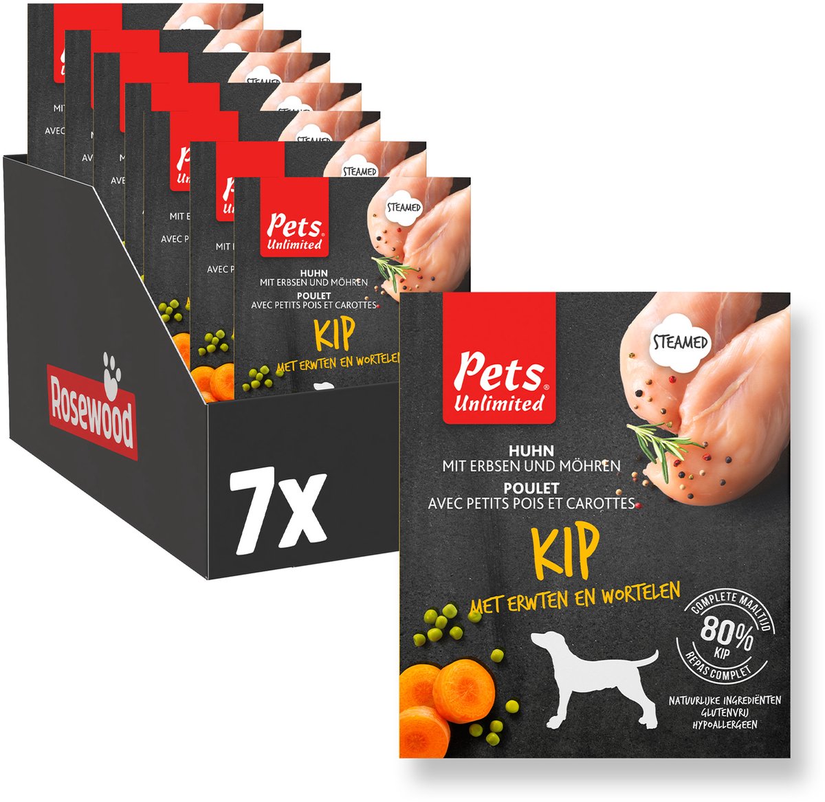 Rosewood Pets Unlimited - comida húmeda para perros - pollo - comida al vapor - 7 envases x 395g
