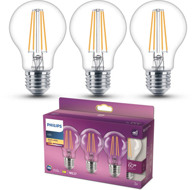 Philips LED lamp - standard lamp shape with E27 fitting - warm white light: 2700k - 60w - clear glass - 3-pack