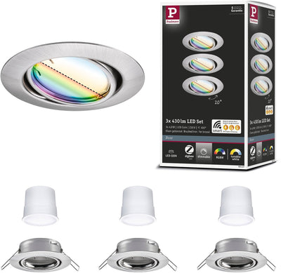 Paulmann led-inbouwlamp smart home zigbee 3.0 base coin basisset zwenkbaar rond 90 mm 20° coin 3x4,9w 3x420lm 230v dimbaar rgbw+ staal geborsteld
