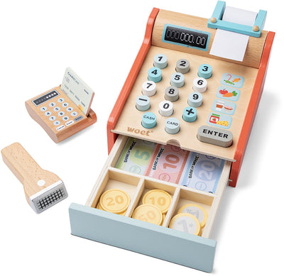 Registratore di cassa giocattolo in legno Woet ® - registratore di cassa con scanner, spillatrice e denaro - negozio di giochi di ruolo - giocattoli educativi - da 3 anni
