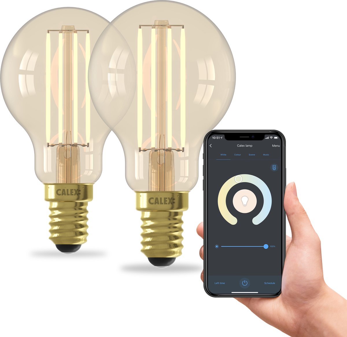 Calex slimme lamp - set van 2 stuks - wifi led filament verlichting - e14 - smart bulb goud - dimbaar - warm wit licht - 4,5w