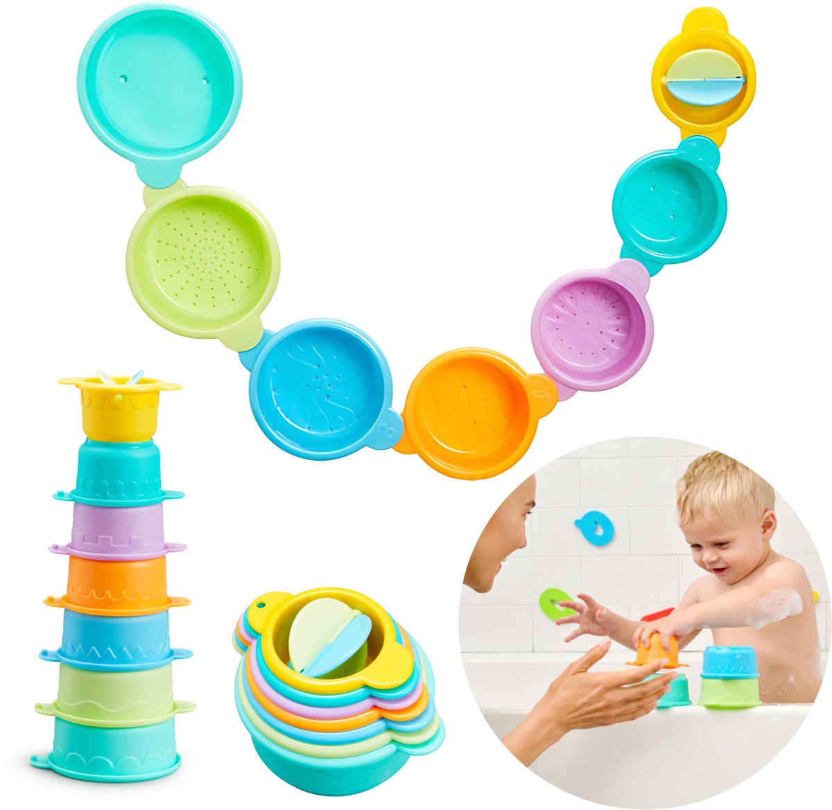 Giocattoli da bagno Munchkin - collega una tazza - tazze da bagno allegre - giocattoli da bagno per ragazzi e ragazze - educativi per bambini - dai 9 mesi - 7 tazze per il bagno
